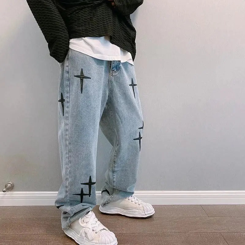 Bedruckte Jeans Herren 2023 Neue Streetwear Baggy Weite Bein Jeans Koreanische Mode Fallende Gerade Lässige Lockere Denim Cargo Hose Zweitbild