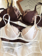 YUQI Französisches Retro-Spitzen-Dessous-Set – Push-up-Minimizer-BH mit weichem Bügel für große Oberweite, sexy Bralette- und Höschen-Set, Bestseller