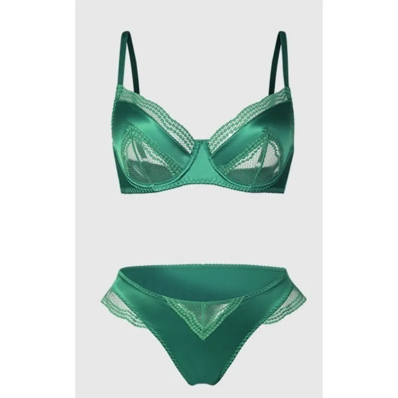 Sexy französisches Satin-Spitzen-Dessous-Set für Damen mit großer Oberweite, transparenter, schmaler Brustbereich, ultra-dünnes Sommer-BH-Set mit kleinen Cups, S-XL