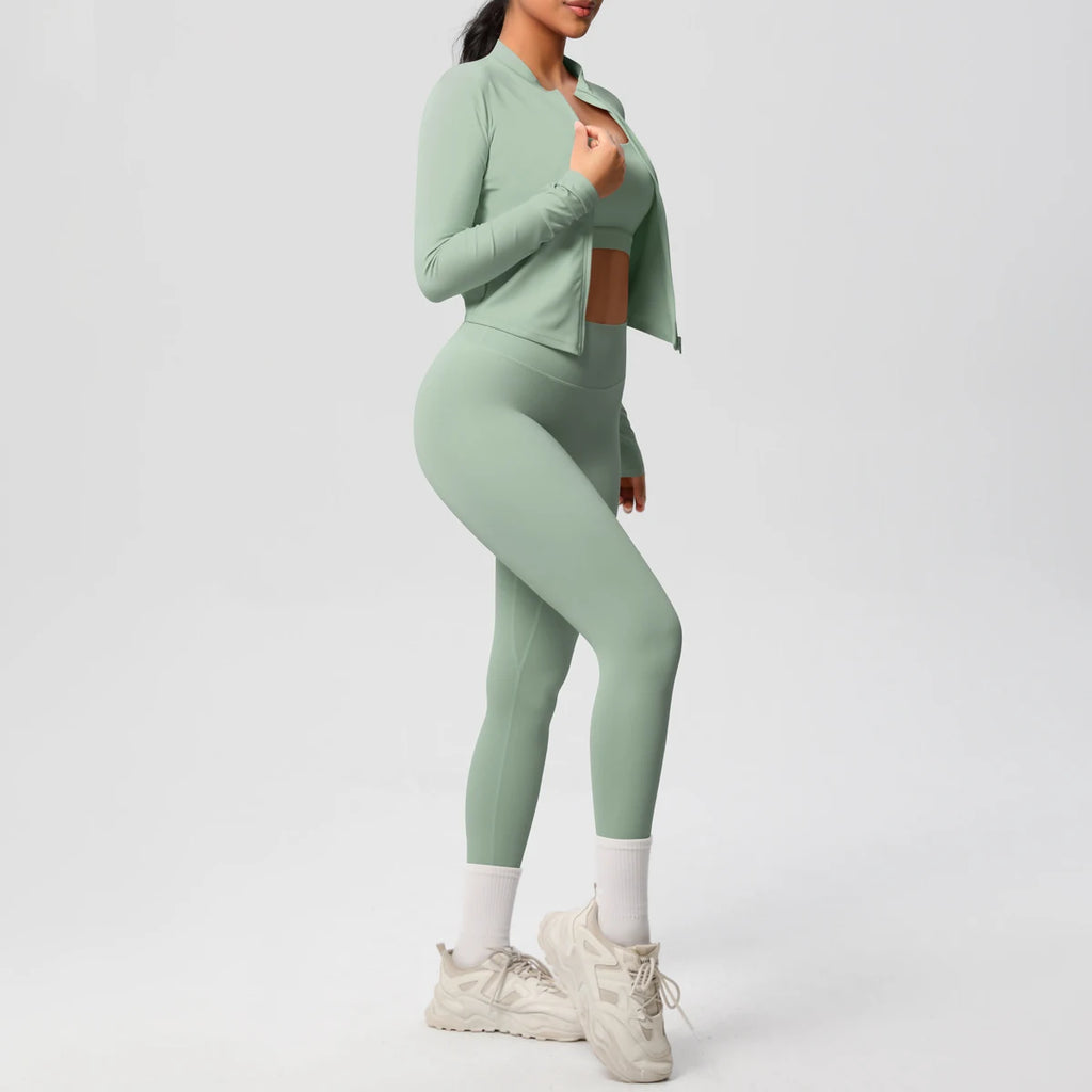 3-teiliges Sportbekleidung Yoga-Set Gym Sport-BH Reißverschlussjacke Leggings Kleidung Sportbekleidung Yoga-Anzüge für Damen Fitness-Set Trainingsanzug