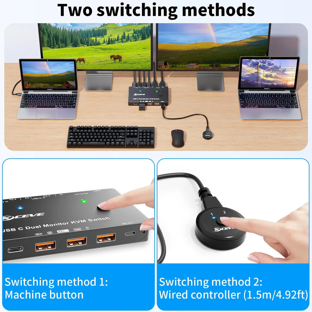 USB-C Dockingstation Triple/Dual Monitor KVM Switch 4K 1080P@60Hz, USB C KVM Switch 3/2 Monitore 2 Laptops für Windows/Mac OS