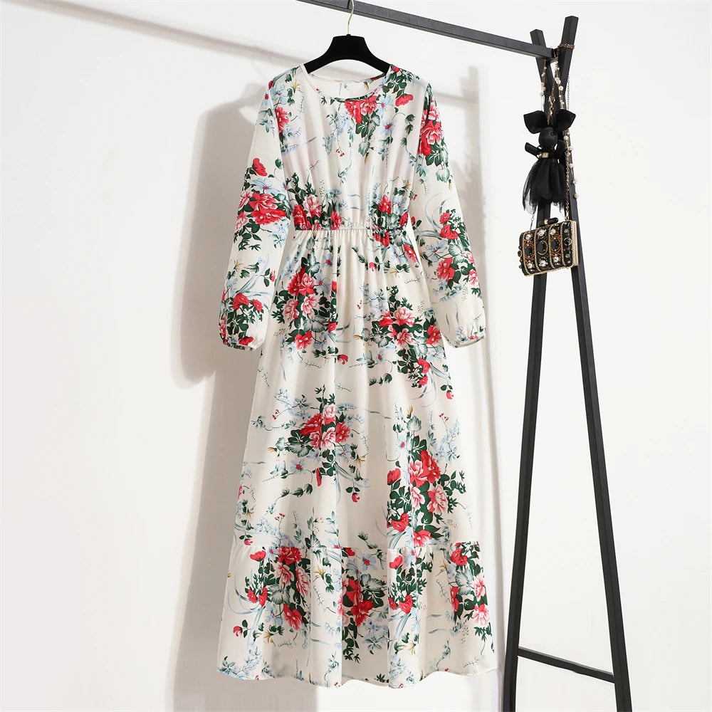 Frühling Sommer Damen Maxikleider Casual Langarm Geblümt O-Ausschnitt Damen Boho Strandparty Langes Kleid Mujer Vestidos