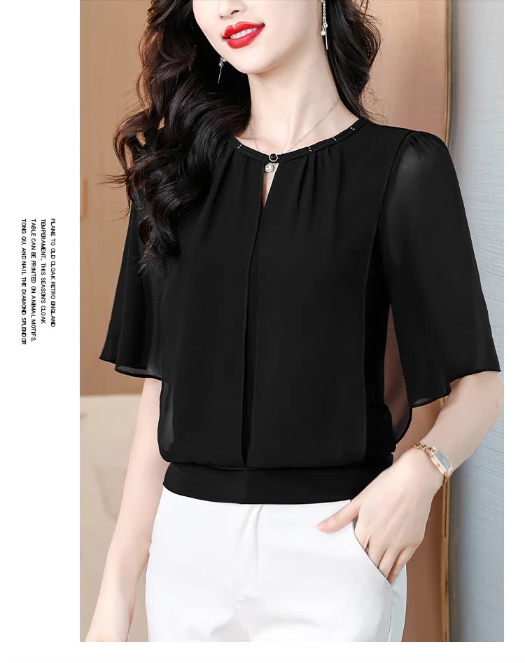 Sommerkleidung Halbarm-Chiffonbluse 2025 Neue Mode Loose Damen Tops Einfarbige Freizeit-Pullover-Shirts