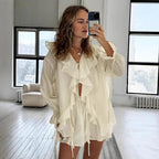 Freizeit-Shorts Zweiteiler für Damen Rüschen Lockerer Bindeträger-Top Einfaches Shorts-Set OL Office Lady Sommer Damen Shorts Anzug