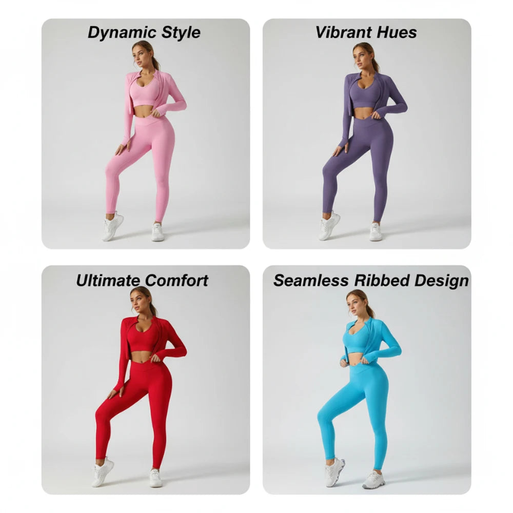 3-teiliges Trainingsanzug-Set – Jacke + Push-up-Sport-BH + High-Waist-Leggings, Activewear für Fitnessstudio, Training, Yoga, Fitness für Damen