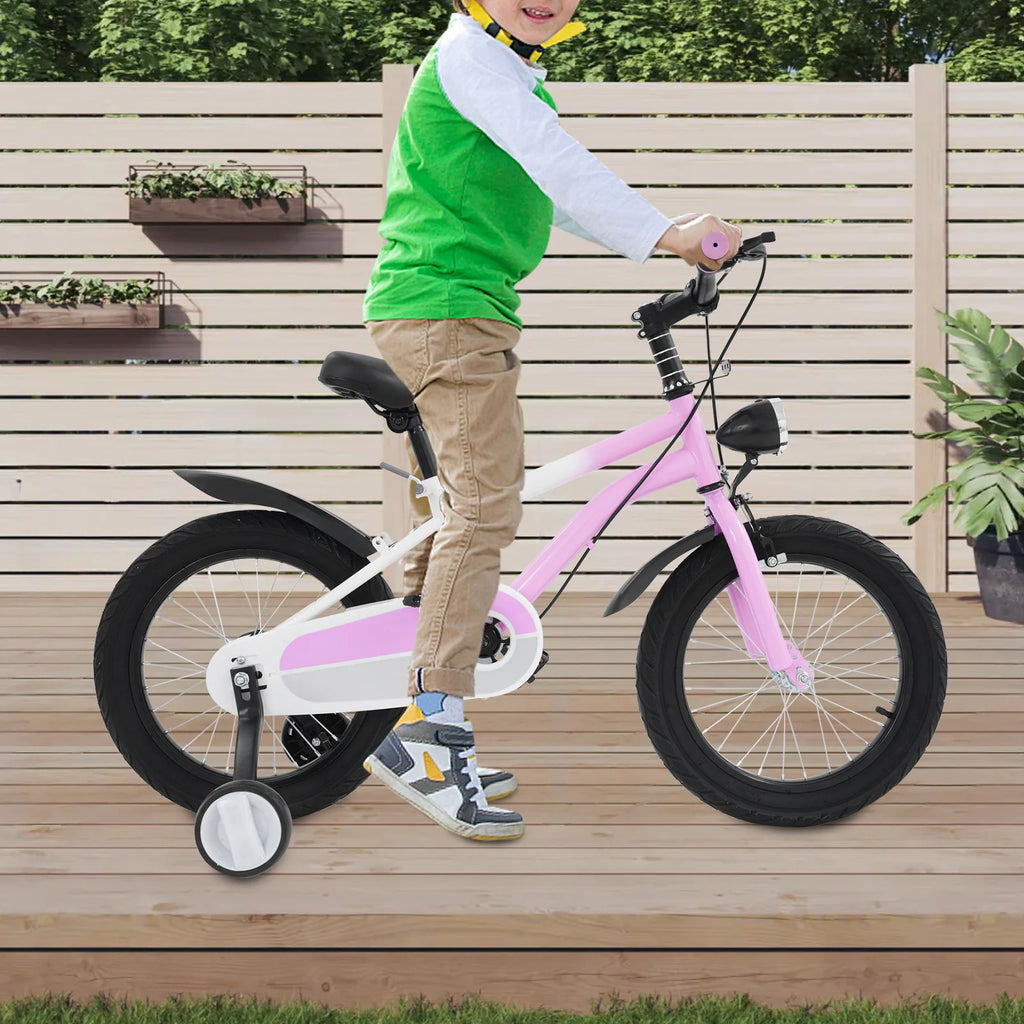 16 Zoll Kinderfahrrad Carbonstahl Mountainbike mit Stützrädern & LED-Licht für 5-8 Jahre, Höhenverstellbar, 60kg