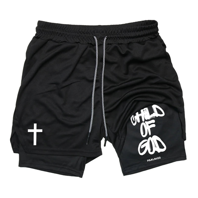 Herren-2-in-1-Lauf-Workout-Shorts mit Druck, Christian Gym Athletic Performance Shorts mit Handytasche und Handtuchschlaufe, Activewear