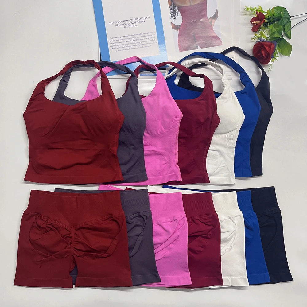 Yoga Outfits Damen 2-teiliges Sport-Set DFNNYE Impact Halfter Neck Neckholder Rückenfrei Oberteil Nahtlose Scrunch Shorts Fitness-Workout-Sportanzug