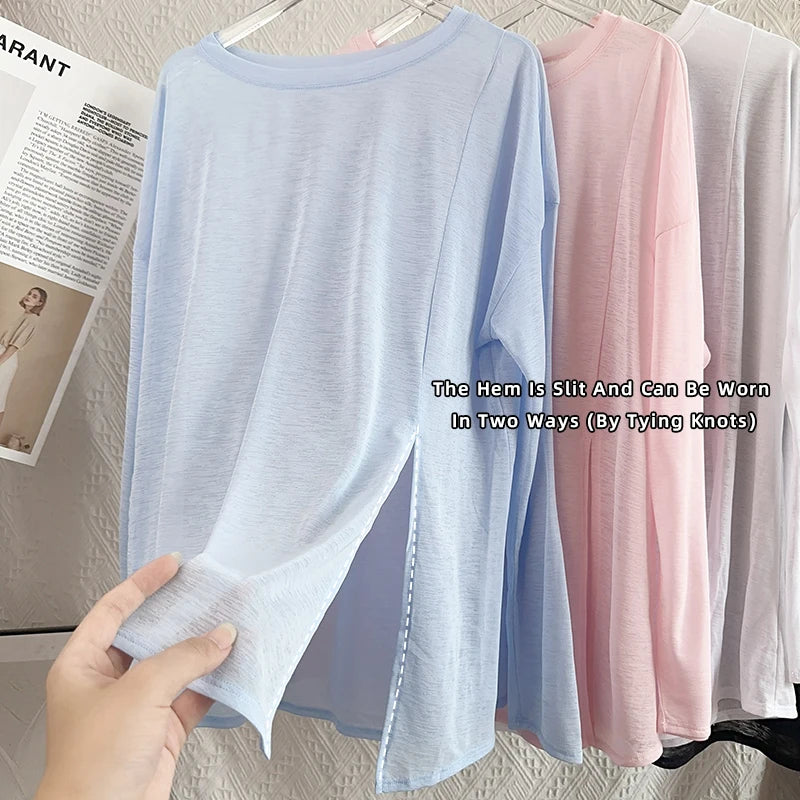 Damen Yoga Shirts Sportoberteile Langarm O-Ausschnitt Atmungsaktives Laufshirt Lockere Fitnesskleidung Gym Sportbekleidung Pilates T-Shirts