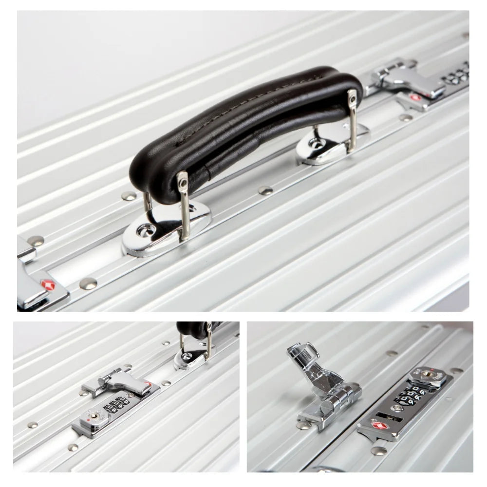 Hochwertiger Vintage-Koffer aus Aluminium-Magnesium-Legierung, 20/24/26/29 Zoll leichter Reise-Trolley mit Ledergriff