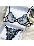 YUQI Französisches Luxus-Dessous-Set – sexy BH- und Höschen-Set mit floraler Stickerei in Schwarz, durchsichtige, transparente, verführerische Damen-Unterwäsche