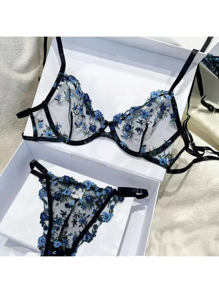 YUQI Französisches Luxus-Dessous-Set – sexy BH- und Höschen-Set mit floraler Stickerei in Schwarz, durchsichtige, transparente, verführerische Damen-Unterwäsche