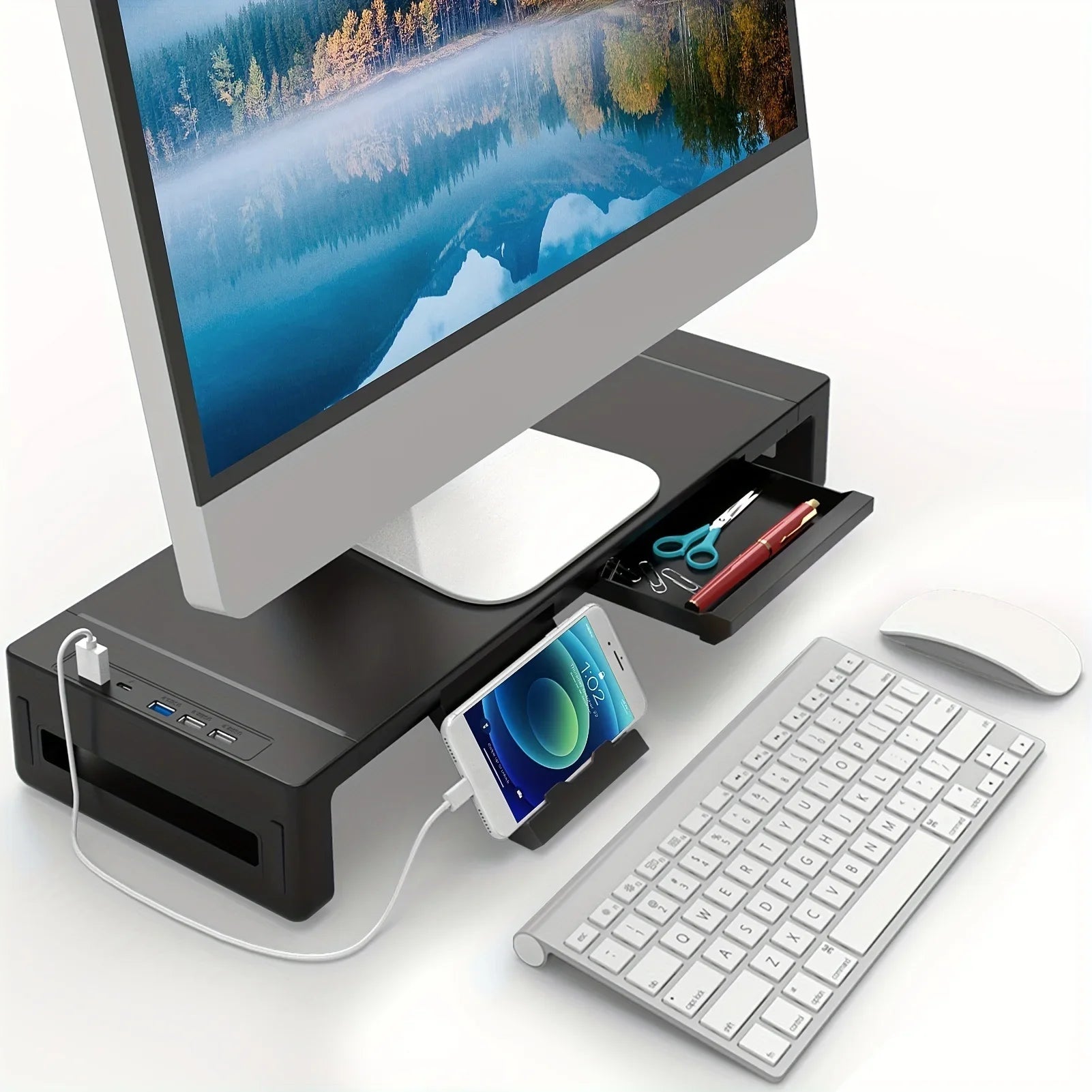 Monitor Stand Riser, With Foldable, Height Adjustable Computer Stand, Desk Shelf Riser with Storage Drawer &Tablet Phone Hauptbild