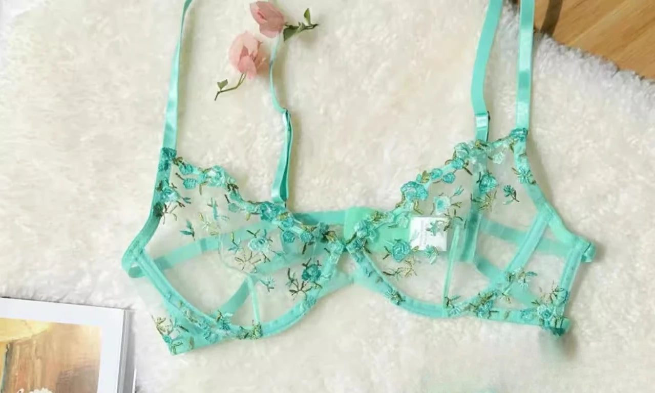 YUQI Französisches Luxus-Dessous-Set – sexy BH- und Höschen-Set mit floraler Stickerei in Schwarz, durchsichtige, transparente, verführerische Damen-Unterwäsche