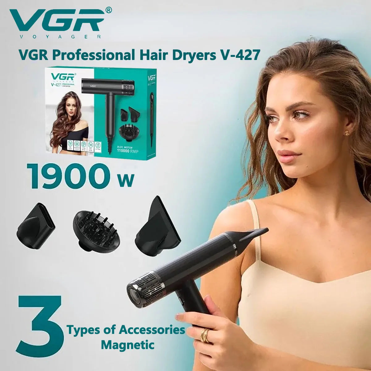 VGR Haartrockner ohne Blätter Professional Negative Ionen Föhn Bürstenloser Motor 11000 RPM Leistungsstarker elektrischer Trockner für Salon V-427
