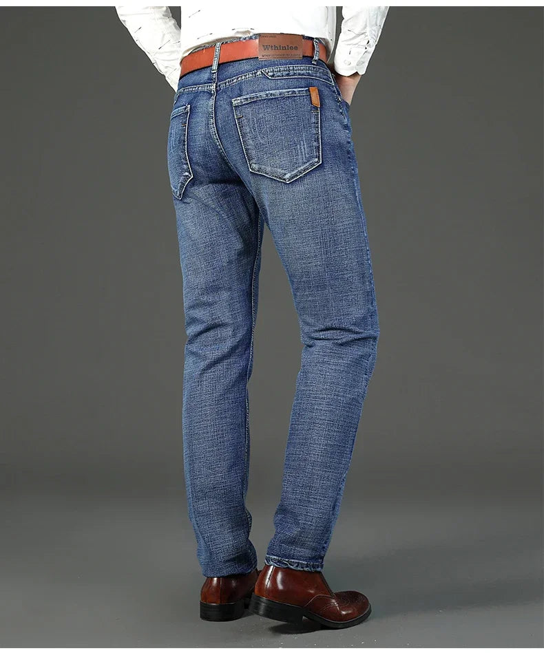 2024 Gerade, normale blaue Stretch-Jeans Frühling Herbst Herren Klassische Jeans Business Fashion Smart Jeans für Herren