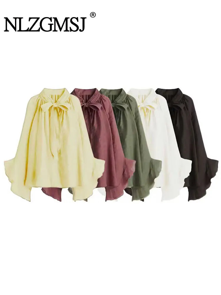 NLZGMSJ Schleifendekoration Locker Langärmlige Blusen für Damen Neue Mode Rüschenkante Hemden und Blusen Damen Top Hauptbild