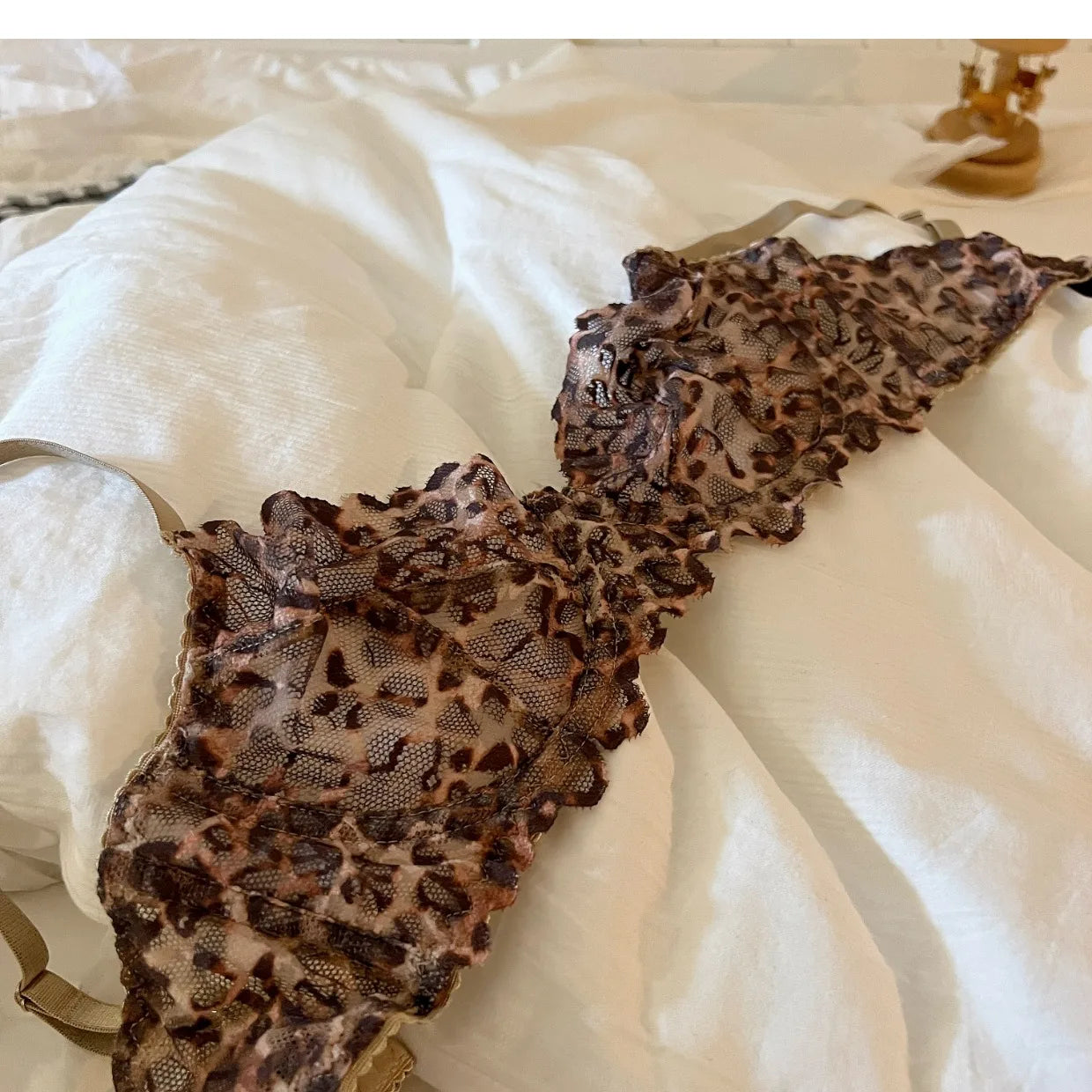 Französische sexy Unterwäsche, dünner Leopardendruck, transparente Dessous, bequeme, geraffte Bügel-BH-Set für Damen, String