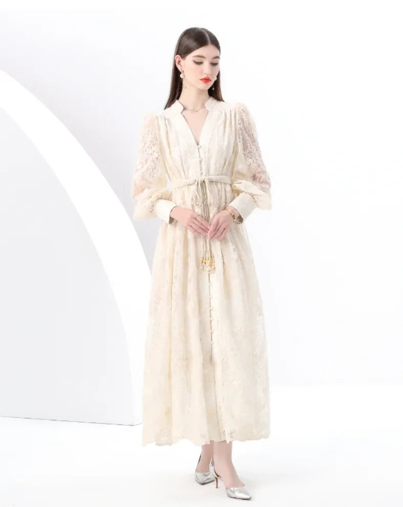 Frühlings-Herbst Französisches High-End Damenkleid Neue Spitze Stickerei V-Ausschnitt Laternenärmel Einreiher Party Geburtstagskleid C192