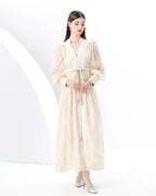 Frühlings-Herbst Französisches High-End Damenkleid Neue Spitze Stickerei V-Ausschnitt Laternenärmel Einreiher Party Geburtstagskleid C192