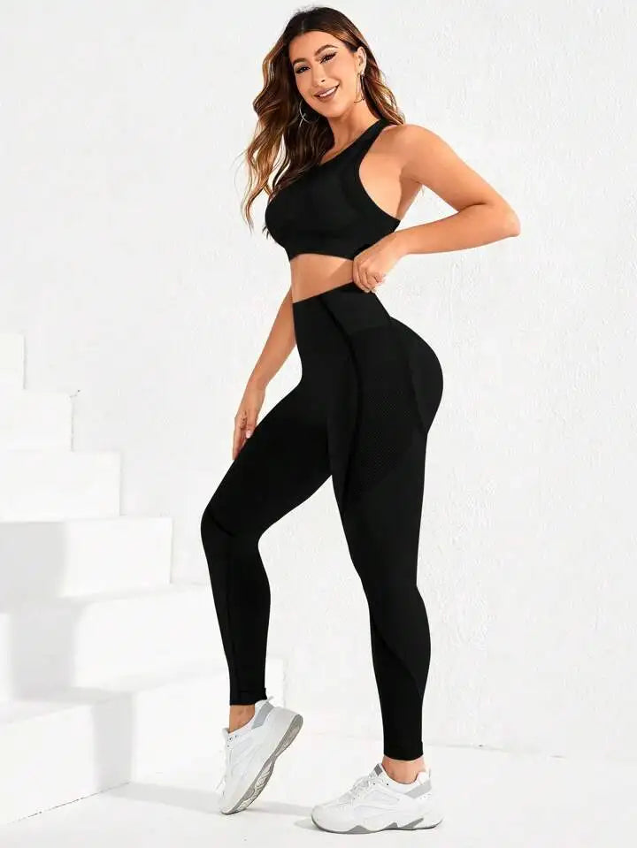 2-teiliger Anzug, Damen Yoga Anzug, schöne Rücken-High-Waist-Hosen-Kombination, nahtlose, super elastische, ideale Fitnesskleidung