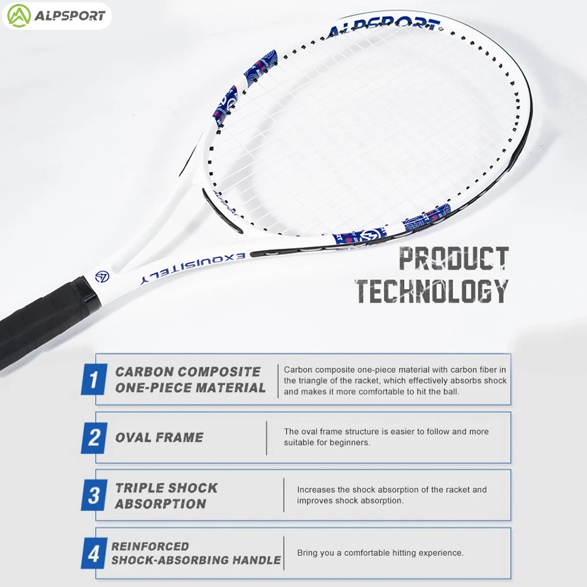 ALPSPORT Carbonfaser Tennisschläger T800 18K – Profi-Qualität mit Tasche & Band, leichter Trainingsschläger für Erwachsene, Herren & Damen Zweitbild