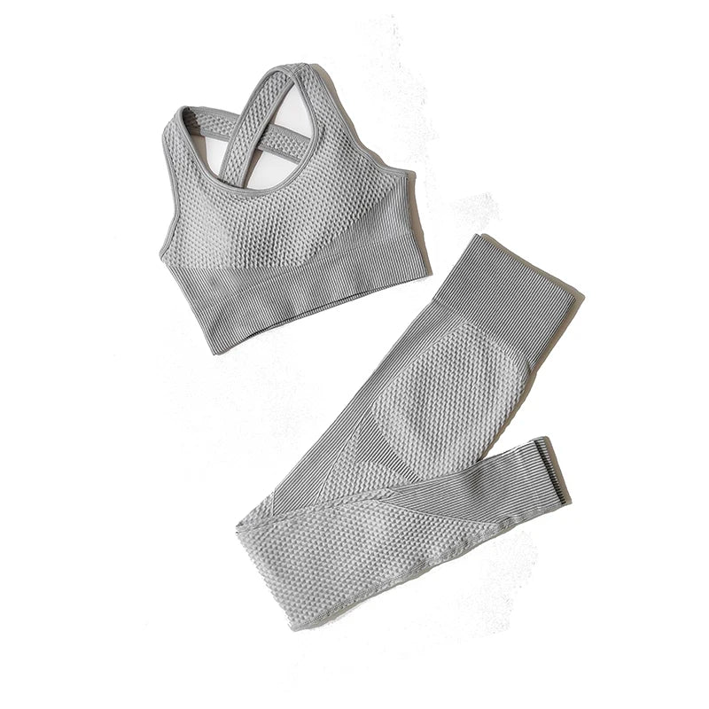 2/3tlg Damen Yoga Anzug Nahtlos Gestrickte Yogahose Leggings Kleidung Reißverschluss Langarm Crop Top Fitnesskleidung Sportbekleidung Gym Set