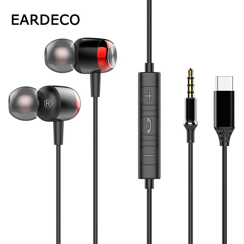 EARDECO TypeC/3.5mm Kabelgebundene Kopfhörer mit Mikrofon Lautstärkeregler Musik-Headset mit Bass Handy-Ohrhörer für Samsung Huawei Xiaomi