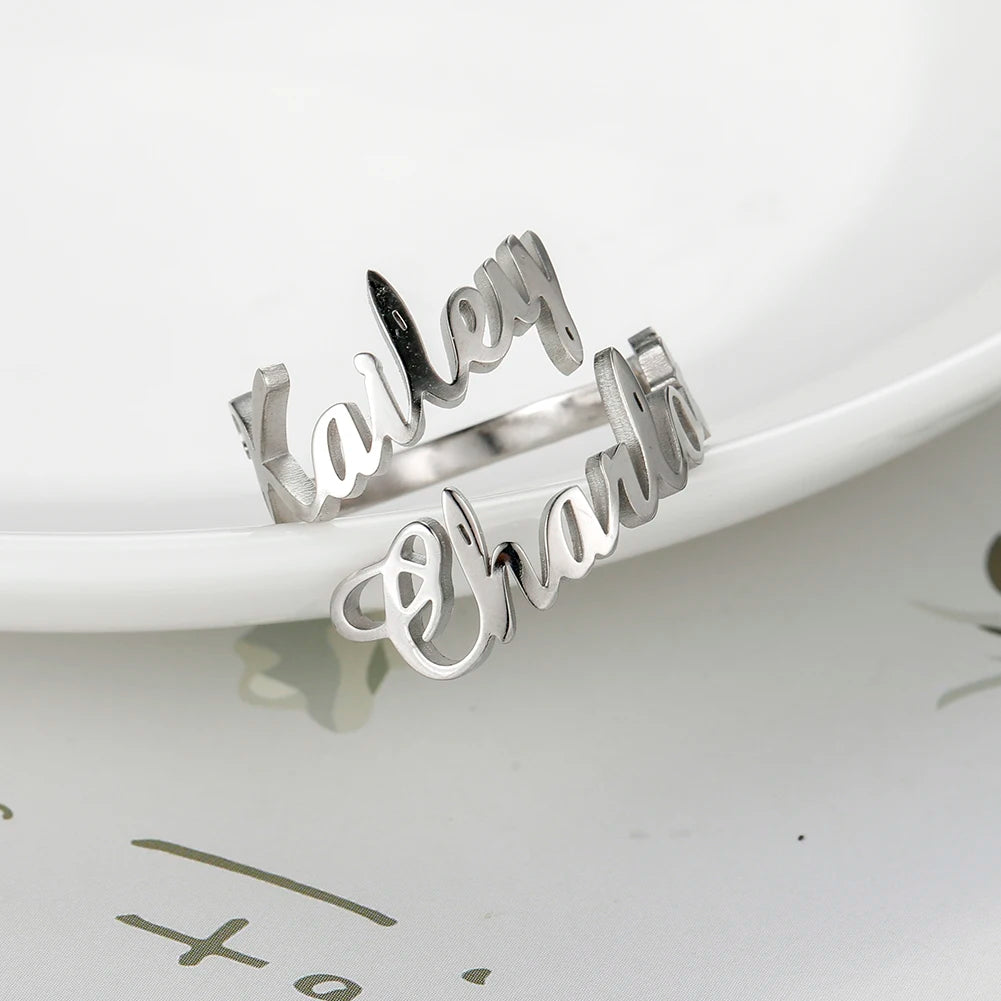 Personalisierter Doppel-Vorname-Ring für Damen und Herren, personalisiertes Paar-Familien-Geschenk, goldfarbener Edelstahl-Metallschmuck