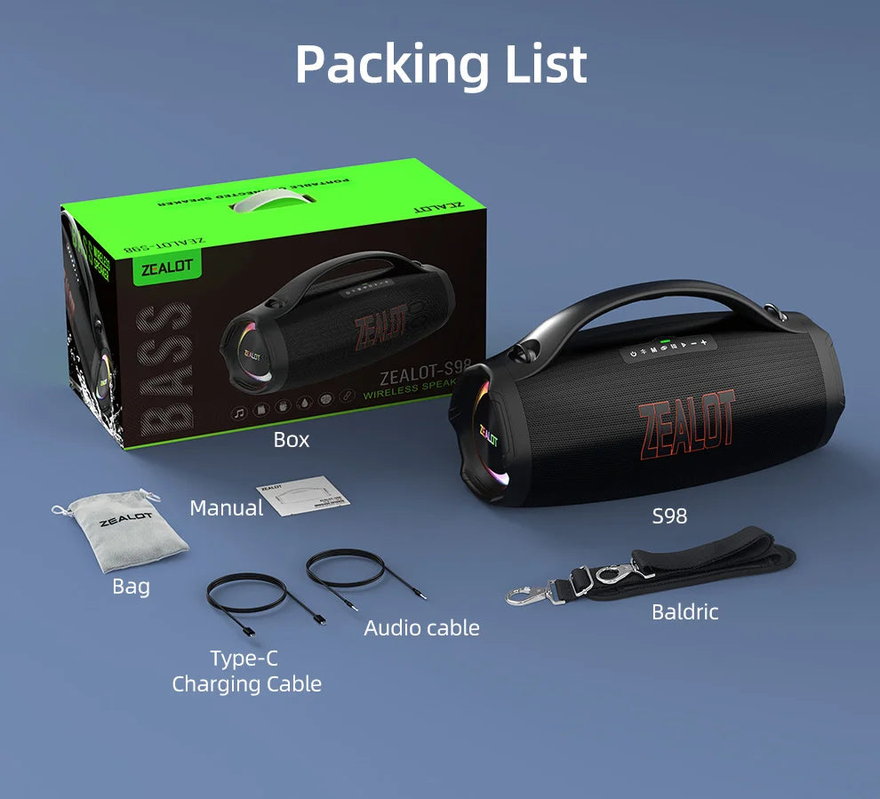 ZEALOT S98 160W Tragbarer Bluetooth-Lautsprecher mit hoher Leistung, kabelloser TWS-Subwoofer, wasserdichter mobiler HIFI-Qualität