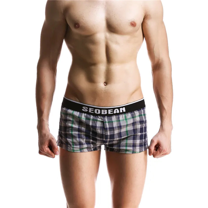 SEOBEAN Klassische Herren Boxershorts kariert 100% Baumwolle Unterwäsche Boxershorts U-konvexer Beutel Pfeil Panties Shorts Herren Schlafunterteile
