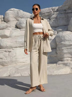 Große Größen Casual Locker Zweiteiler Weites Bein Hose Langarmshirt Hellbeige Street Style Elegant Qualität Polyester Somm...