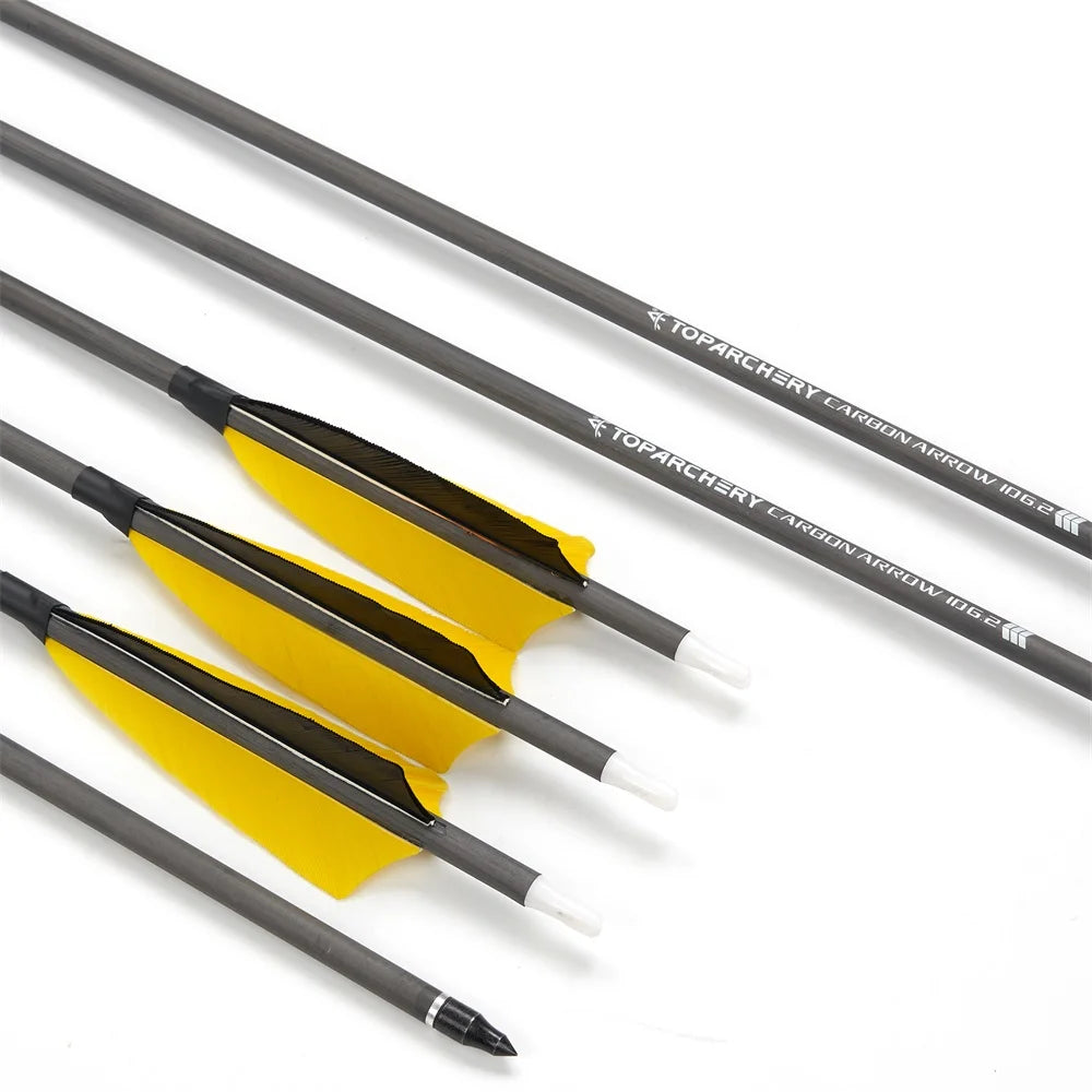 Toparchery 6/12/24 Stück 33 Zoll Bogenschießen reine Carbonpfeile ID6,2 mm Spine 400 mit 4 Zoll Naturfedern für Outdoor-Schießen Jagd