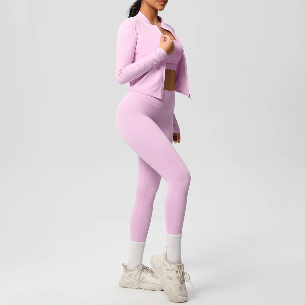 3-teiliges Sportbekleidung Yoga-Set Gym Sport-BH Reißverschlussjacke Leggings Kleidung Sportbekleidung Yoga-Anzüge für Damen Fitness-Set Trainingsanzug