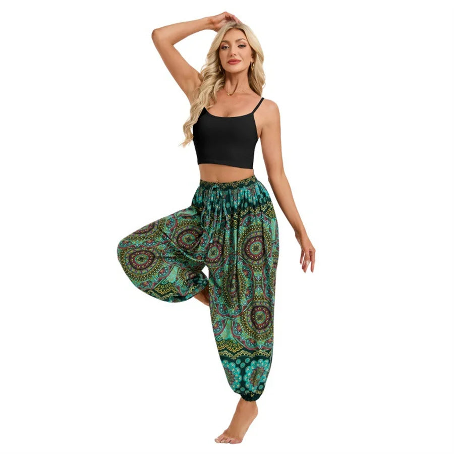 Damen Boho Weite Hosen Haremshose Erwachsene Hohe Taille Yoga Loose Laternenhose Atmungsaktive Strandhose Urlaub Bedruckte Jogger