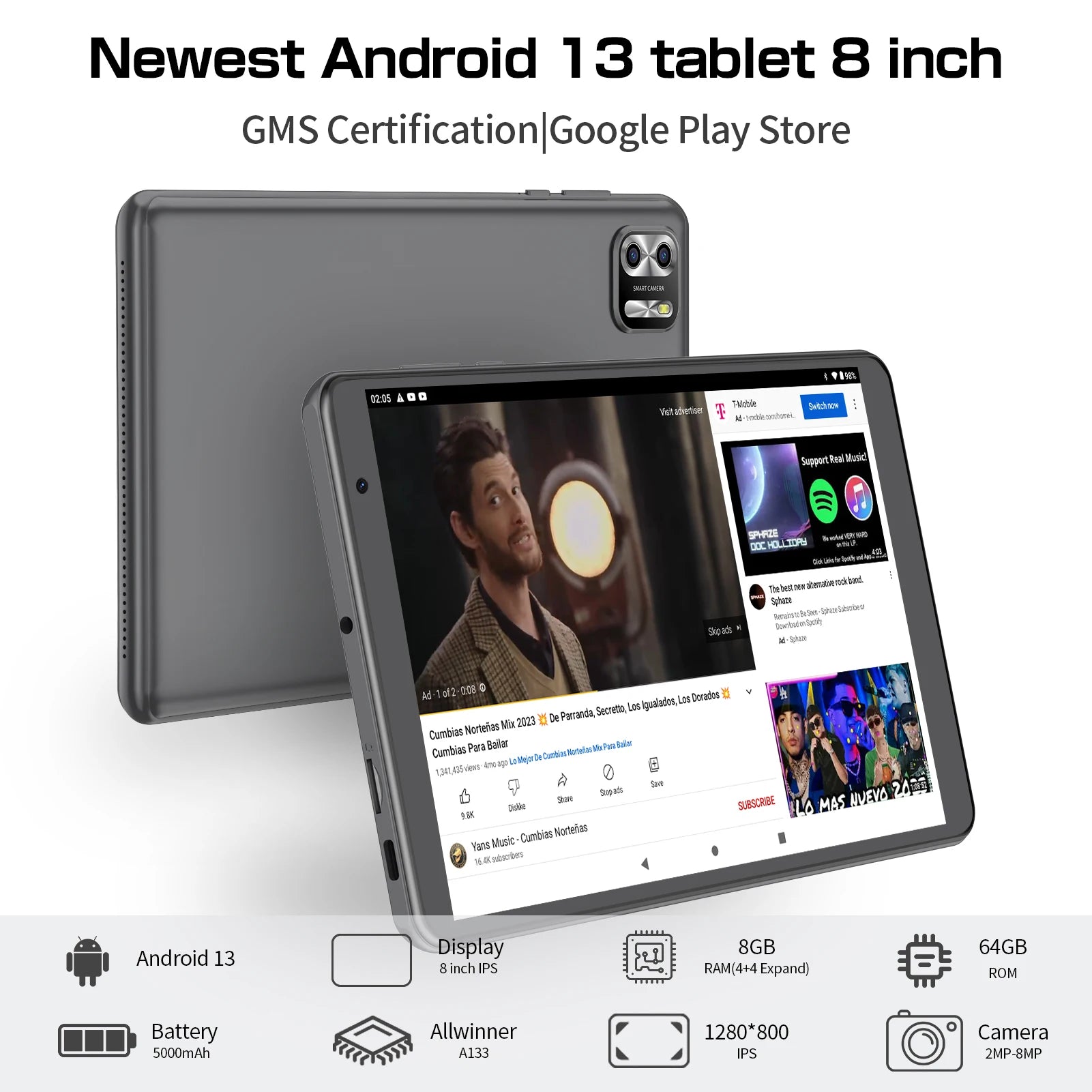 PRITOM 8 Zoll Tablet Android 13, 8GB (4+4 erweiterbar) RAM 64GB ROM, 1TB erweiterbar, 1280x800 IPS-Display, 5000mAh Akku, Dual-Kamera, WiFi