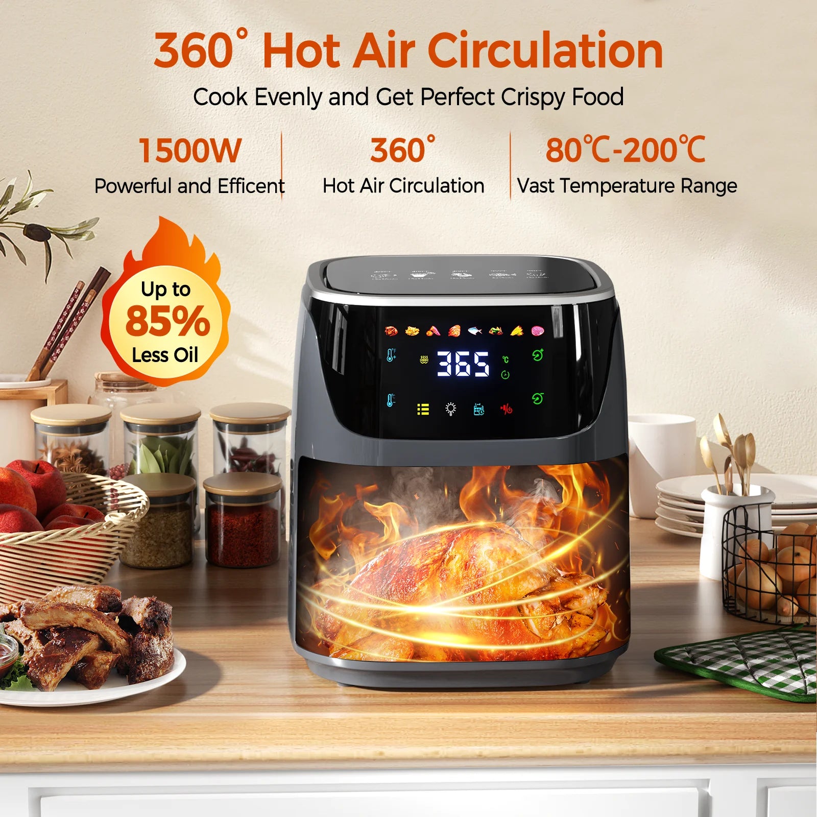 Patbrela Sichtbare Heißluftfritteuse 7,0 l 8-in-1 Max. 200 °C Elektrischer Heißluftofen Öllose Fritteuse mit Touchscreen, antihaftbeschichtetem Korb, Familiengröße