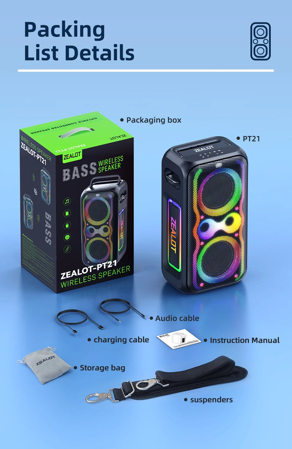 ZEALOT-PT21 200W Kabelloser Bluetooth-Lautsprecher, tragbarer Outdoor-Lautsprecher mit sattem Bass, Stereokopplung, Reverse Charging,