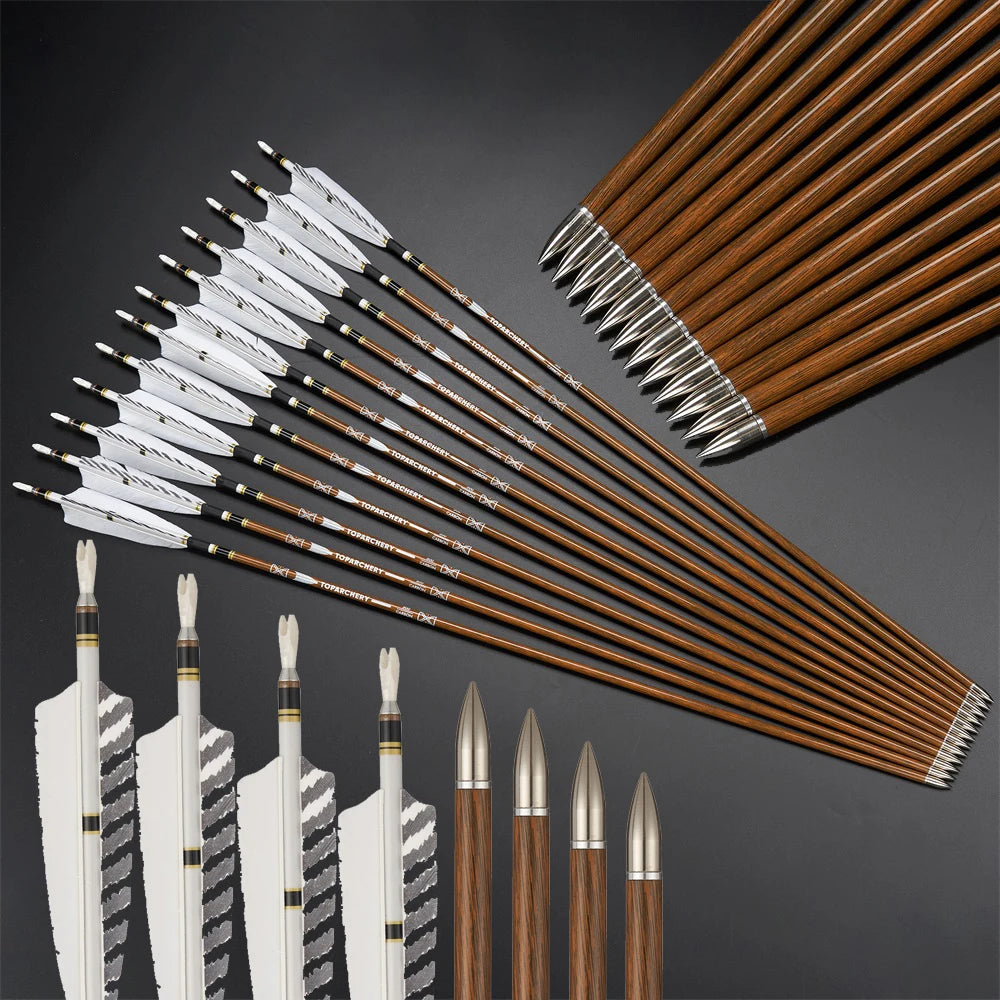 6/12/24pcs 32Inch Archery 100%Pure Carbon Arrows ID 6.2mm Wooden Shaft with 5'' Natural Feathers for Hunting Shooting