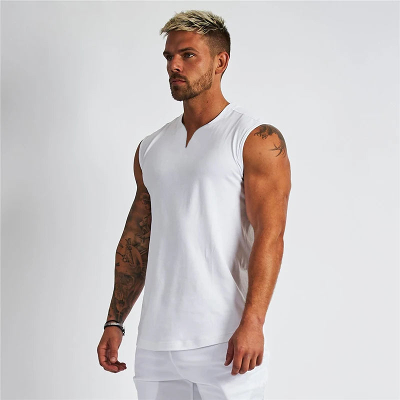 Sommer Baumwolle atmungsaktive V-Ausschnitt Tank Tops Fitnessstudio Workout Laufen Sport Ärmelloses Shirt Herren Fitness Bodybuilding Muskelbekleidung
