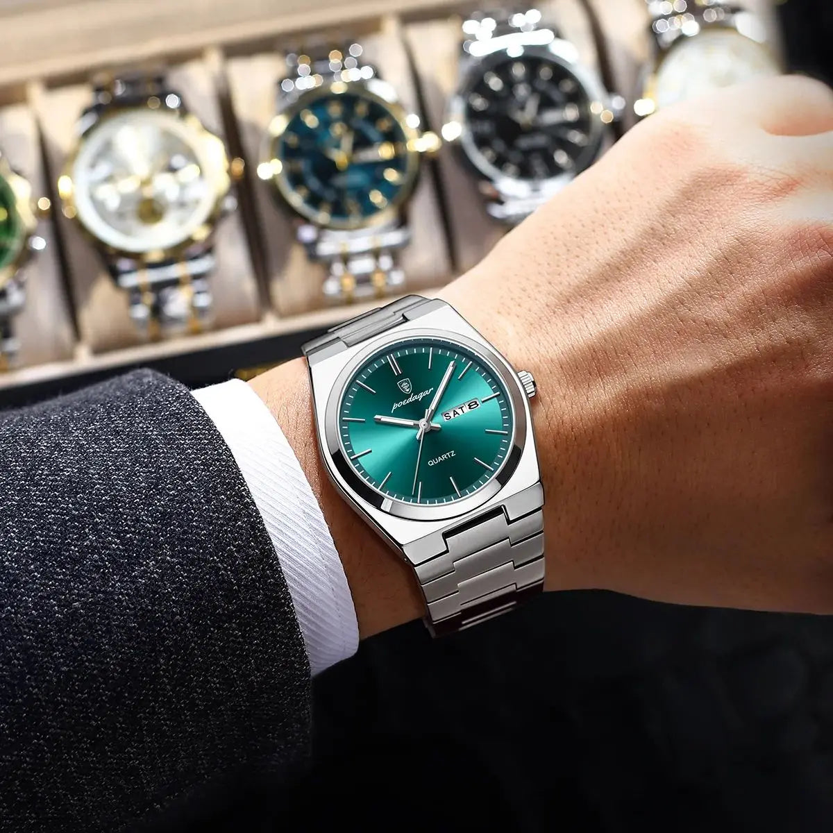 POEDAGAR Luxus Herrenuhren Wasserdicht Leuchtende Datumsanzeige Wochentag Herrenuhr Edelstahl Casual Mode Quarz Herren Armbanduhr Reloj