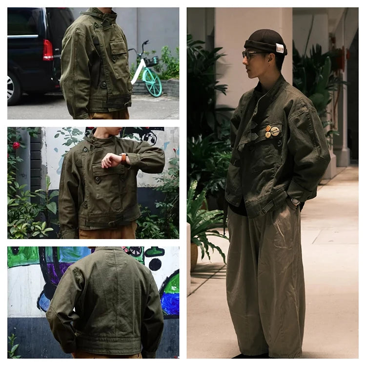 Swedish motorcycle jacket, men's retro military green casual cropped jacket, 100% cotton canvas workwear asymmetric safari style