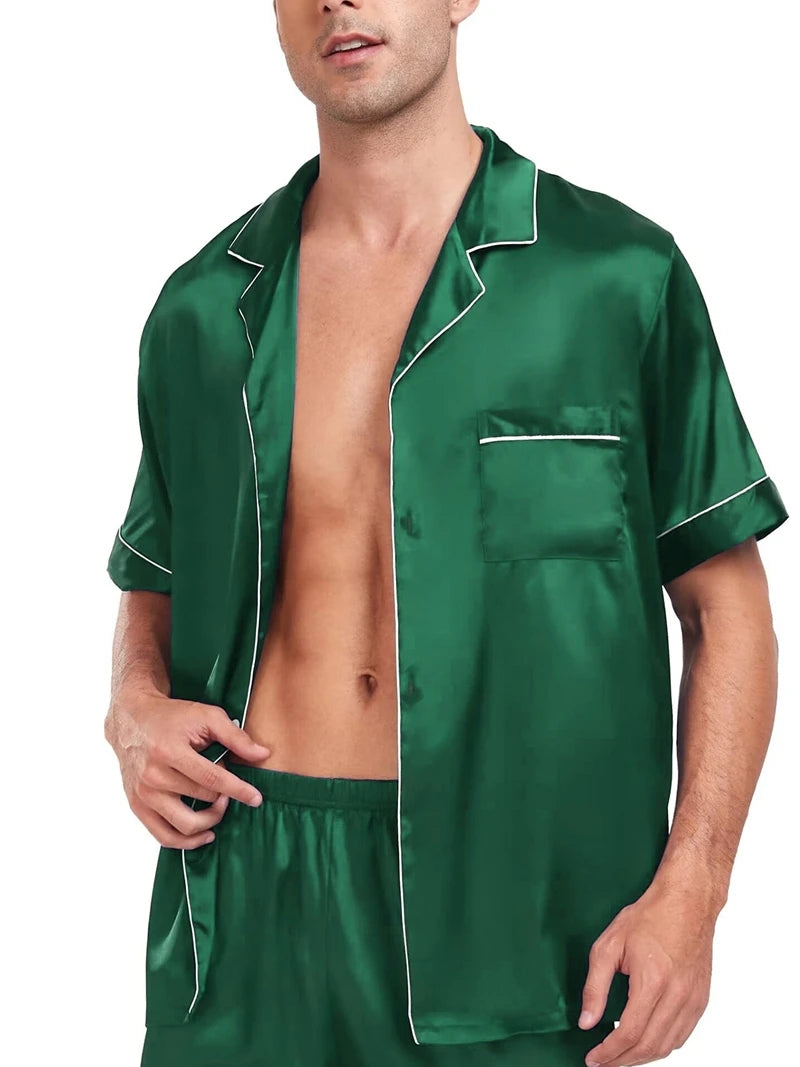 Herren Pyjama-Set aus seidigem Satin, 2-teilig, Kurzarm-Hemd mit Revers und Brusttasche und Shorts, glatter Griff, weiche Nachtwäsche, gemütliche Nachthemden