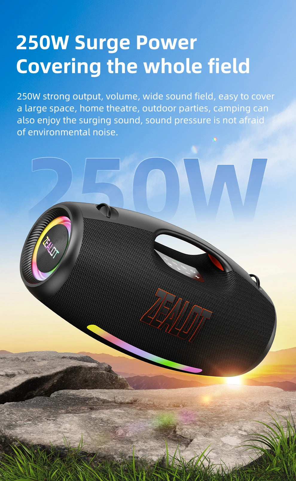 ZEALOT-S89 250W Wasserdichter tragbarer Bluetooth-Lautsprecher, kabelloser Outdoor-Boombox-SubwooferDreifach passive Radiatoren-Tiefer Bass