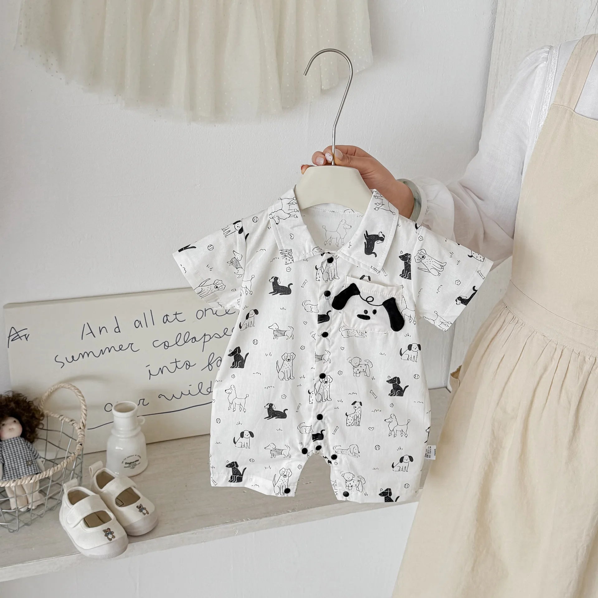 0-2Y Sommer Baby Jungen Kleidung mit Hundemuster, Einreihig, Kleinkind Strampler, Kurzarm, Süßes Baby Jungen Outfit