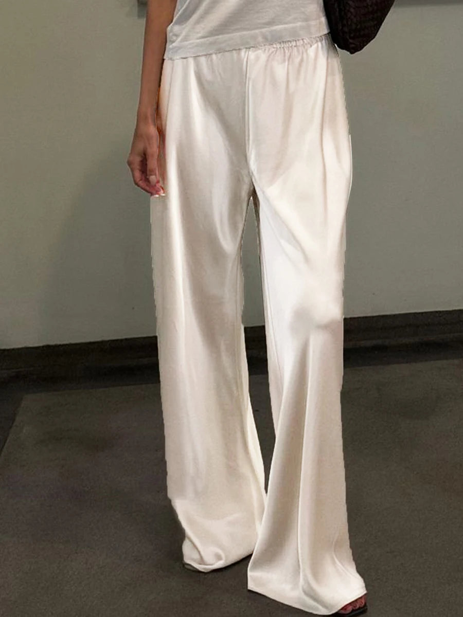 Chic Satin Wide Leg Dress Pants Women's Stylish Elastic Waist Loose Fit Long Trousers for Streetwear Work Solid Color Main image