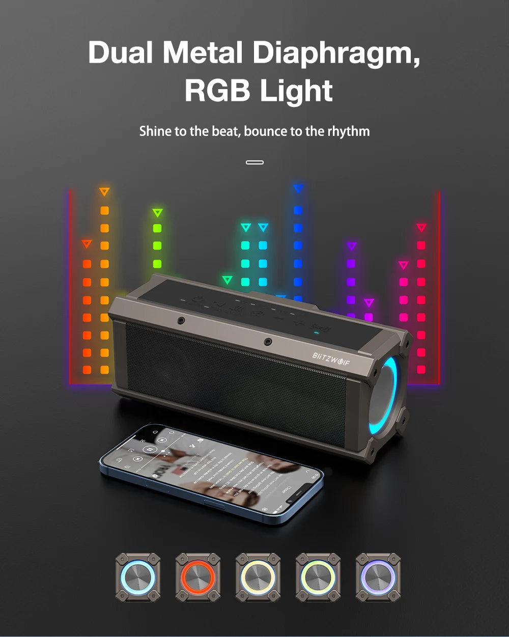 BlitzWolf BW-WA3 100W TWS Bluetooth-Lautsprecher mit vier Treibern, doppelter Membran, tiefem Bass, RGB-Licht, IPX5 Wasserdichtigkeit, 5000mAh Akku