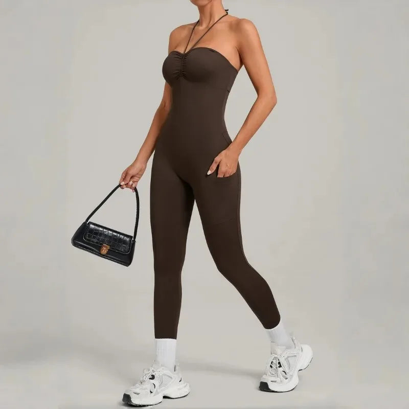 Damen Yoga Jumpsuits Sport Fitness Einteiler Schönheits-Rückengurt Tasche Hüfthebend Slim Fit Laufen Workout Training Bodysuit