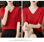 Damen Pullover Frühling Sommer Kurzarm V-Ausschnitt Strickshirt Lässige koreanische Pullover Gestreiftes Unterziehshirt Slim Fit Pullover