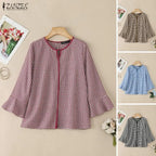 ZANZEA Damen Sommer Plaid Patchwork Bluse 3/4 Glockenärmel Cut Out Tops Lässiges lockeres Hemd Retro Chemise Damen Arbeitsblusen